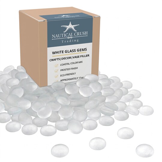 Nautical Crush Trading; Flat Marbles Vase Filler 0.68 Lb 70 pcs Frosted White Glass Pebble Vase Clear Glass Stones for Vases Flat Glass Marble for Craft and Home Décor; Category:Gems & Rocks; Image:1